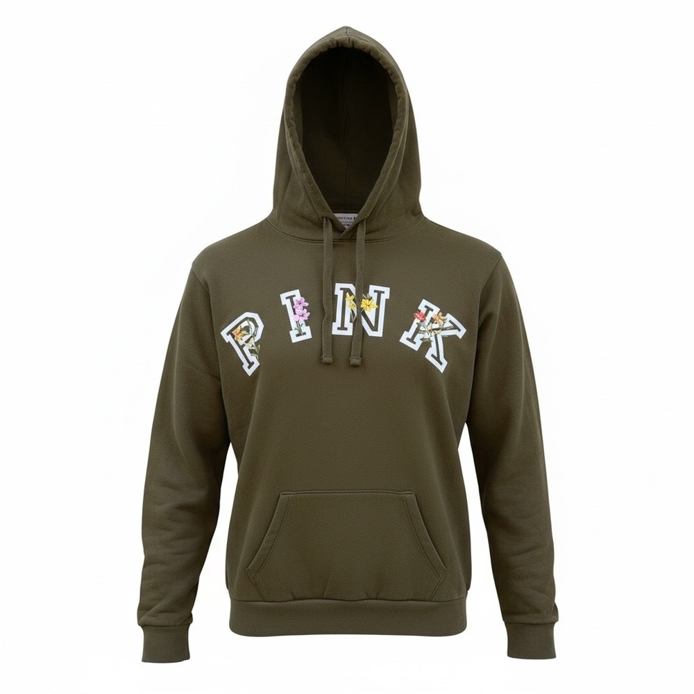 PINK by Victoria Secret Olive Green Floral Logo Hoodie Sweatshirt Women's